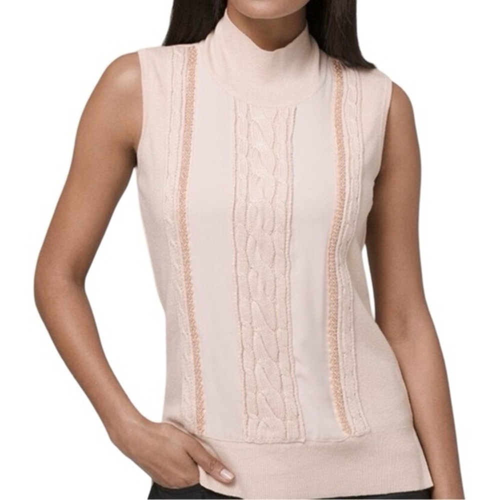 WHBM Pale Pink Sleeveless Embellished‎ Cable Knit Mock Neck Sweater